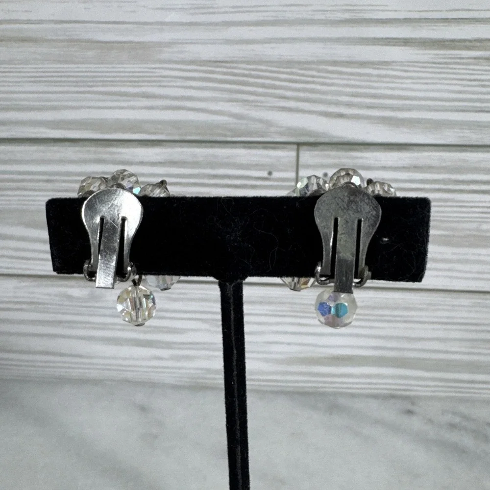 Vintage Crystal Clip On Earrings Chandelier Cluster AB Chunky 1950s